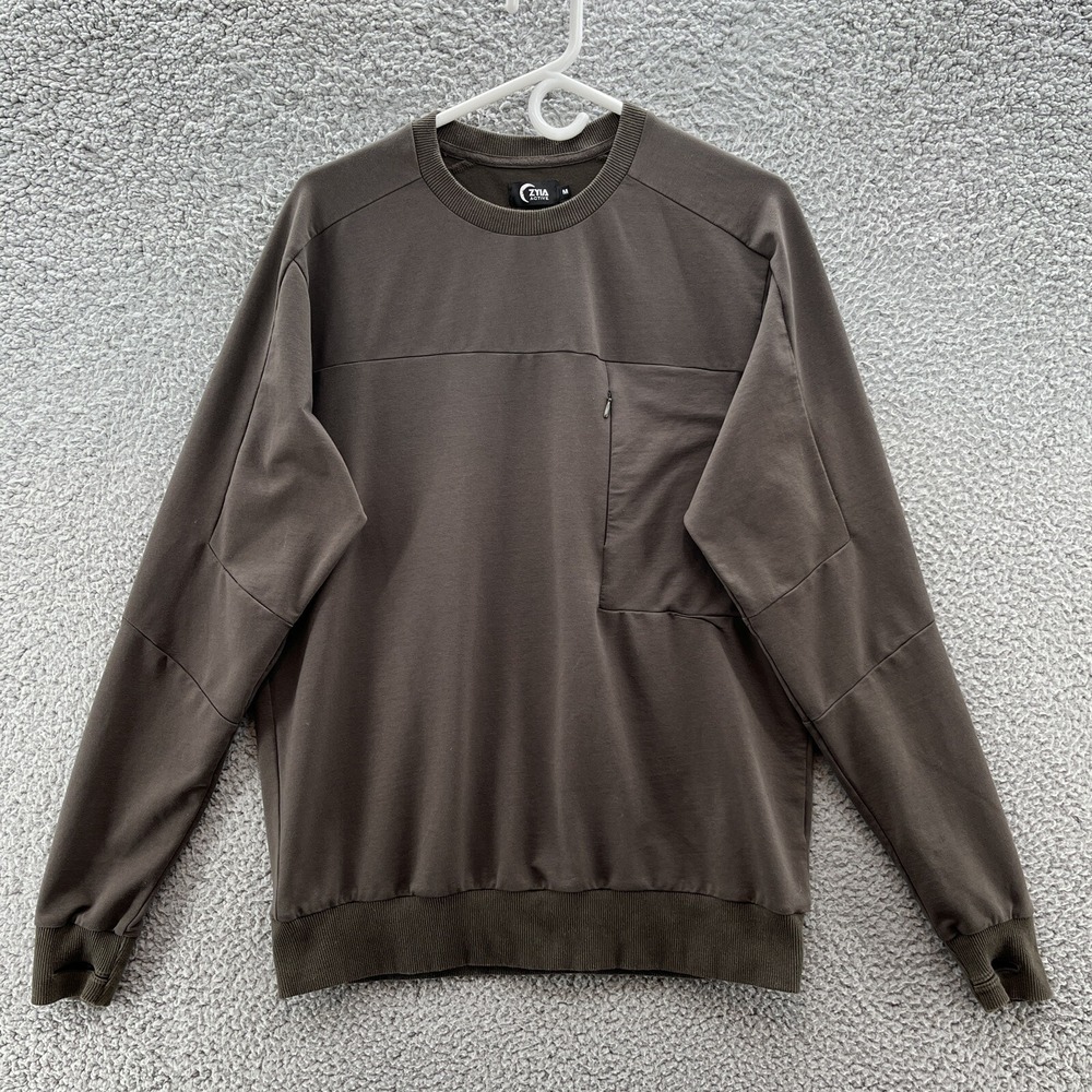ZYIA ACTIVE Sweatshirt Mens Medium Brown Zip Chest Pocket Slim Pullover